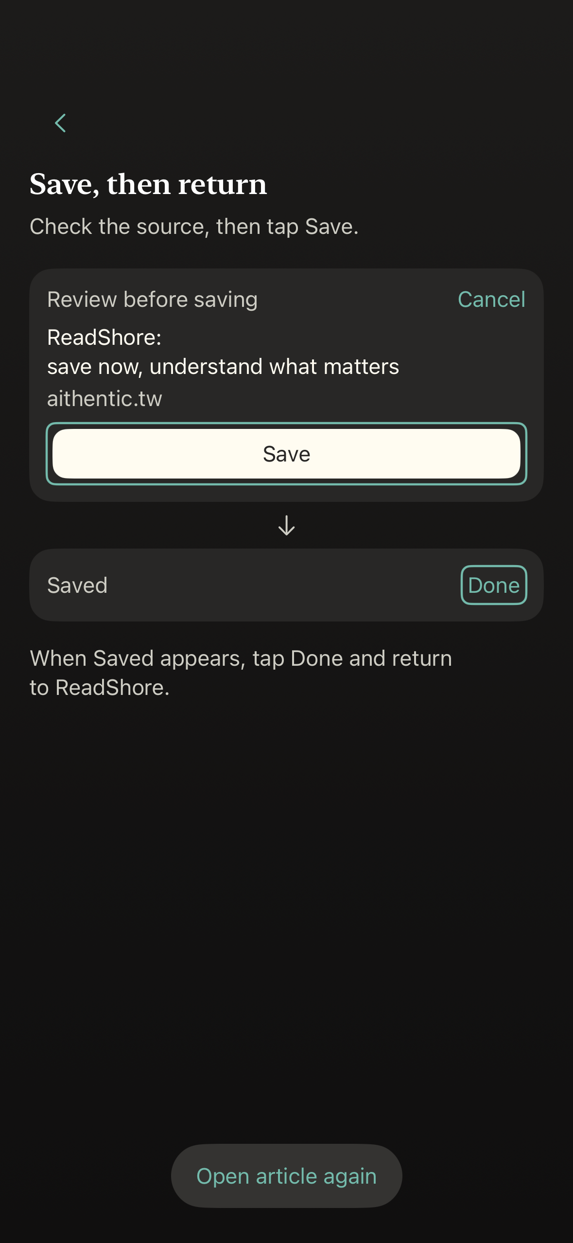 ReadShore’s iPhone saving guide showing the article title, original source and Save button.
